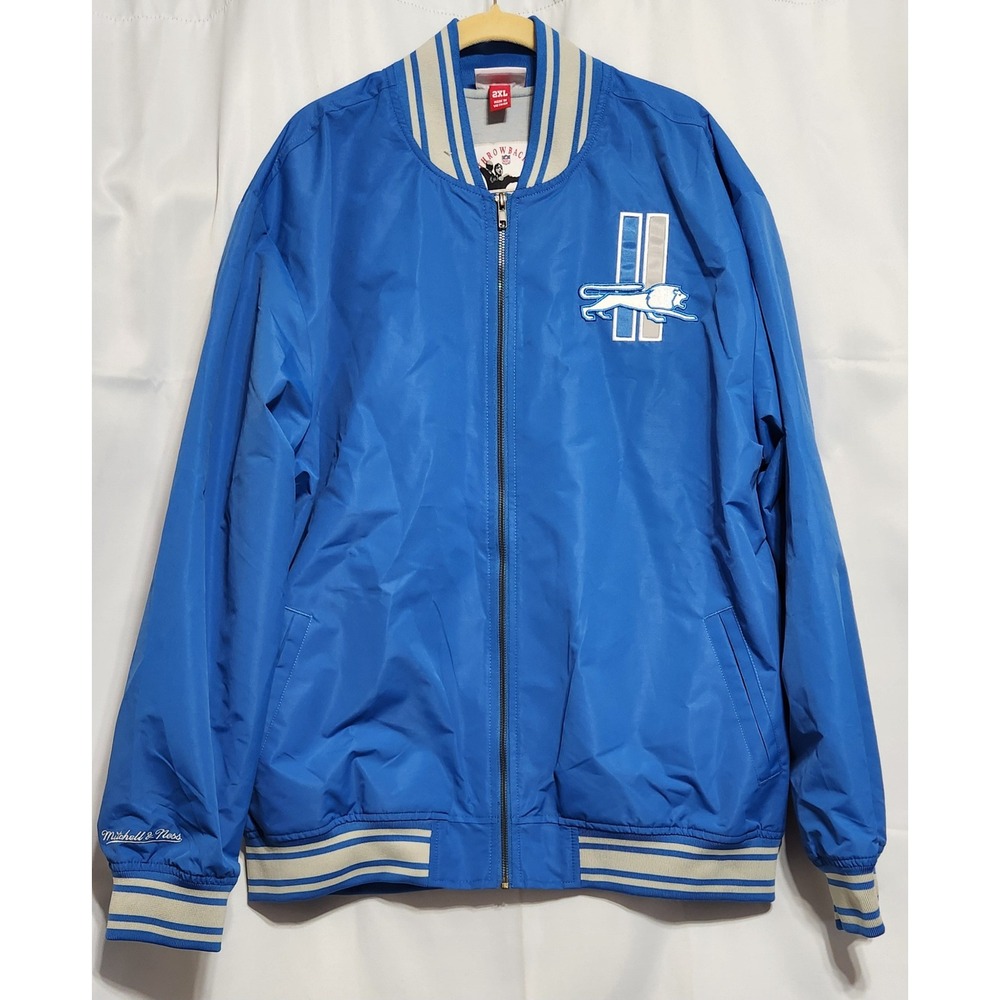 Mitchell & Ness Detroit Lions NFL Throwback Bomber Jacket Blue Mens 2XL Zip Up